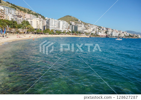 panoramic view of Saranda beach and cityscape, on the Albanian riviera coast 128627287