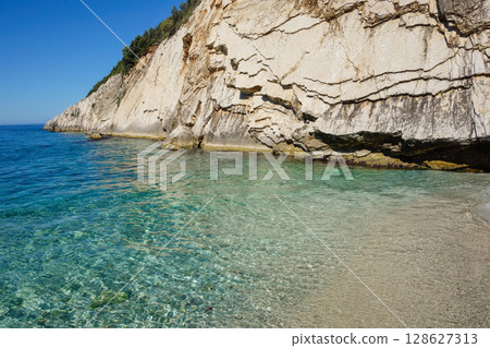 amazing secluded Filikuri Beach in Himara, Vlora district, Albania, at sunny day 128627313
