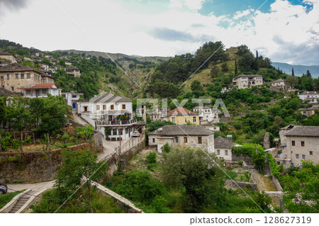 cityscape of Gjirokaster in Albania, with Ottoman architecture preserved on the World Heritage List 128627319