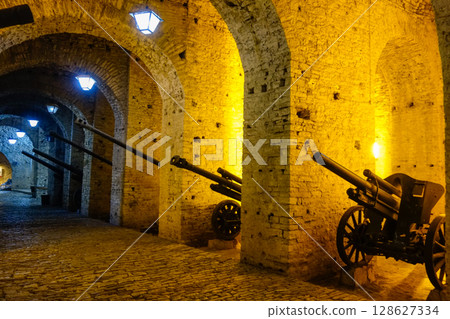 ancient artillery on display in tunnels of Gjirokaster castle in Albania 128627334