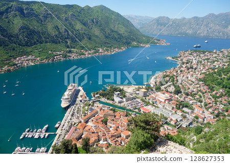 splendid bay of Kotor in Montenegro coast. Aerial view of fjord and cityscape 128627353