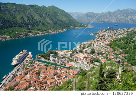 aerial panoramic over Kotor bay on the coast of Montenegro, in Adriatic Sea 128627359