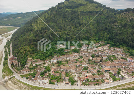 panoramic view of Berat city and Osum river in Albania. a Unesco World Heritage Site panoramic view of Berat city and Osum river in Albania. a Unesco World Heritage Site 128627402