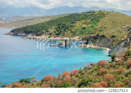 panoramic view of Shpella and Pellumbave beach in Saranda, Albanian riviera 128627413