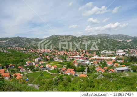 Cetinje, Montenegro: panoramic view and cityscape. The historic and presidential capital of country Cetinje, Montenegro: panoramic view and cityscape. The historic and presidential capital of country 128627424
