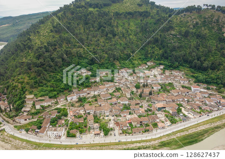 panoramic view of Berat city and Osum river in Albania. a Unesco World Heritage Site panoramic view of Berat city and Osum river in Albania. a Unesco World Heritage Site 128627437
