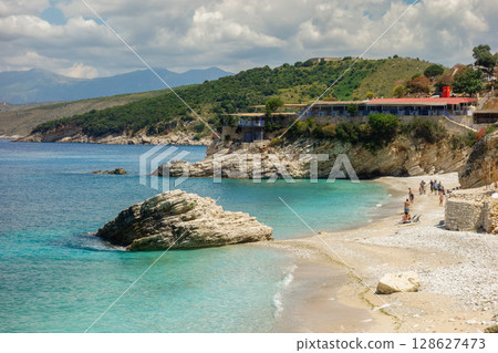 panoramic of Pulebardha Beach, Ksamil, Albania. Summertime on albanian riviera 128627473