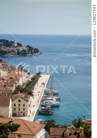 panoramic view of the ancient town of Hvar on the Adriatic coast of Croatia, from the fort panoramic view of the ancient town of Hvar on the Adriatic coast of Croatia, from the fort 128627543