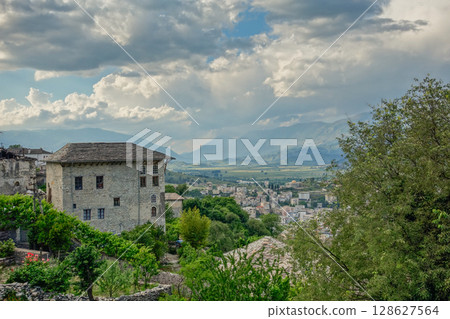 cityscape of Gjirokaster in Albania, with Ottoman architecture preserved on the World Heritage List cityscape of Gjirokaster in Albania, with Ottoman architecture preserved on the World Heritage List 128627564