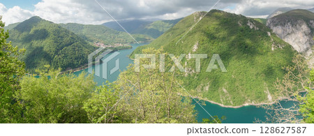 panoramic view of Piva lake near the city of Pluzine in Montenegro, Europe 128627587