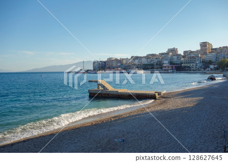 panoramic view of Saranda beach and cityscape, on the Albanian riviera coast 128627645