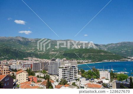 panoramic view of Budva town in Montenegro. Cityscape and mountains 128627670