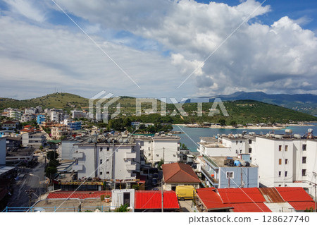 panoramic view of the city of Ksamil and buildings on the Albanian riviera coast 128627740