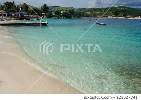 incredible paradise beach in Ksamil, Albanian rivieira, Ionian sea coastline 128627741