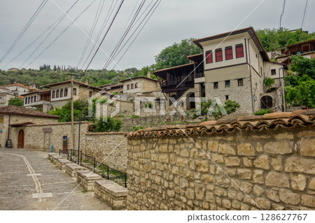 narrow streets and ancient stone architecture in center of Berat, Albania narrow streets and ancient stone architecture in center of Berat, Albania 128627767