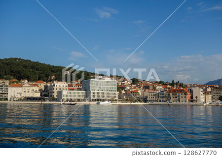 Seafront view at old city center in Split town, from Adriatic Sea, Croatia Seafront view at old city center in Split town, from Adriatic Sea, Croatia 128627770