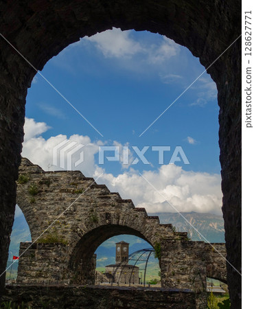 view from the upper area of Gjirokaster castle in Albania, with ancient ruins view from the upper area of Gjirokaster castle in Albania, with ancient ruins 128627771