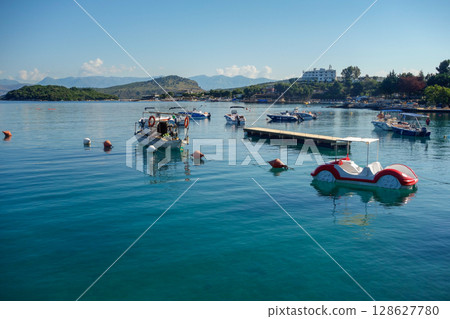 pedal boats on the beach in Ksamil, Albanian rivieira, Ionian sea coastline 128627780