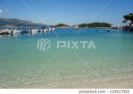 incredible paradise beach in Ksamil, Albanian rivieira, Ionian sea coastline 128627801