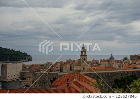 panoramic top view of the old town of Dubrovnik in the bay of Adriatic Sea. Croatia 128627846