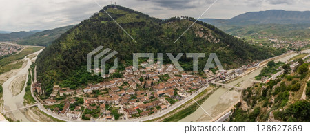aerial panoramic view of Berat city in Albania. a Unesco World Heritage Site aerial panoramic view of Berat city in Albania. a Unesco World Heritage Site 128627869