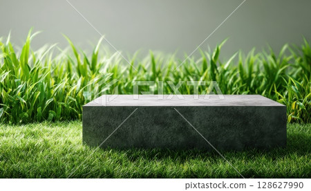 Clean white and wooden product display platforms on vibrant green grass in natural sunlight. 128627990