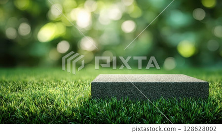 Clean white and wooden product display platforms on vibrant green grass in natural sunlight. 128628002
