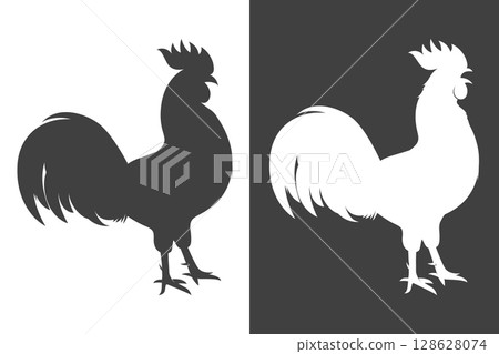 Rooster Silhouette Vector Illustration. Black and White Rooster Silhouette Set. Farm Animal Rooster Icon, Rustic Rooster Graphic for Farm Logo, Poultry Decor, Vintage Rooster Vector Illustration Rooster Silhouette Vector Illustration. Black and White Rooster Silhouette Set. Farm Animal Rooster Icon, Rustic Rooster Graphic for Farm Logo, Poultry Decor, Vintage Rooster Vector Illustration 128628074