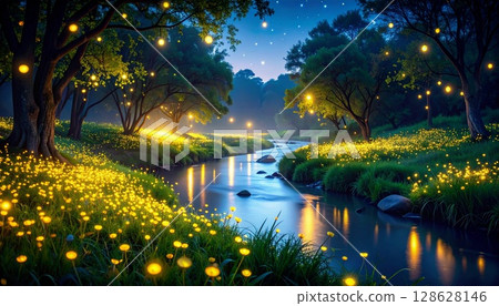 Image 3 of a fantastic night view of the riverside with dancing fireflies 128628146