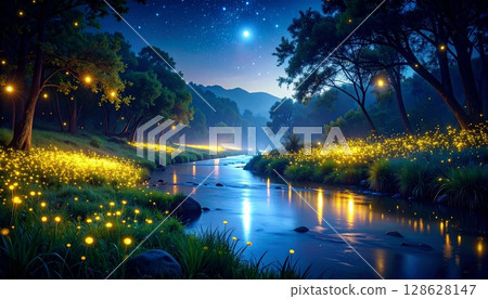 Image 4 of a fantastic night view of the riverside with dancing fireflies 128628147