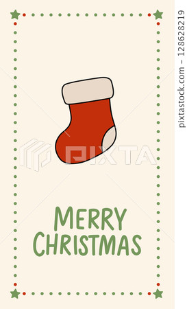 Cute vector illustration of a Christmas stocking with hand drawn text and festive border. Perfect for holiday greeting cards, gift tags, or seasonal decorations Cute vector illustration of a Christmas stocking with hand drawn text and festive border. Perfect for holiday greeting cards, gift tags, or seasonal decorations 128628219