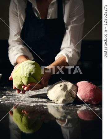 Chef Preparing Colorful Italian Dough for Traditional Handmade Pasta 128628275