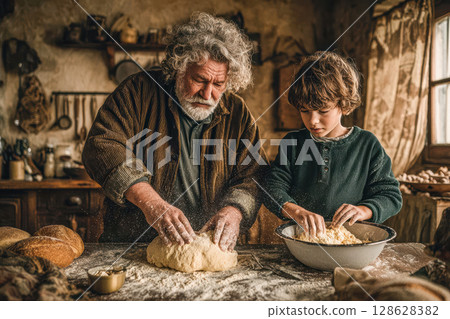 Elderly man and young boy kneading dough together in rustic kitchen with warm atmosphere 128628382