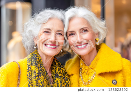 Two smiling senior women wearing bright yellow outfits enjoying a moment together outdoors 128628392