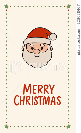 Adorable vector illustration of Santa Claus face with hand drawn Merry Christmas greeting and festive border. Perfect for holiday cards, gift tags, or seasonal designs Adorable vector illustration of Santa Claus face with hand drawn Merry Christmas greeting and festive border. Perfect for holiday cards, gift tags, or seasonal designs 128628467