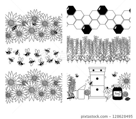 Honey, bees, honeycombs, flowers Horizontal seamless border set. Vector graphic line illustration. For poster, invitation, backdrop, ad, sale promotion, print for t-shirt Natural food product. 128628495