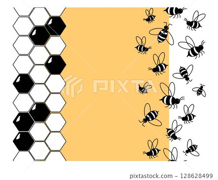 Bees and honeycombs vertical seamless border frame template. Vector graphic line illustration. Apiculture decoration, beekeeping frame. Cartoon insects flying in abstract bloom. Bees and honeycombs vertical seamless border frame template. Vector graphic line illustration. Apiculture decoration, beekeeping frame. Cartoon insects flying in abstract bloom. 128628499