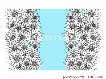 Sunflower vertical seamless border frame template. Vector graphic line illustration. Banner, poster, wrapping paper, sticker, print, modern textile design. invitation card set Sunflower vertical seamless border frame template. Vector graphic line illustration. Banner, poster, wrapping paper, sticker, print, modern textile design. invitation card set 128628501