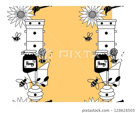 honey bees jar flowers vertical seamless border frame template. Vector graphic line illustration. Perfect for cards, decorations, stickers, logo, menu, various designs. honey bees jar flowers vertical seamless border frame template. Vector graphic line illustration. Perfect for cards, decorations, stickers, logo, menu, various designs. 128628503