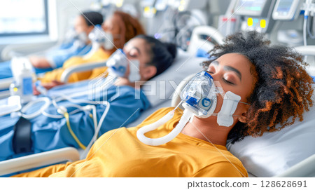 Group of patients receiving medical care in hospital beds with oxygen masks and monitors 128628691