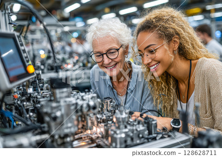 Two women collaborating on machinery in a modern workshop with advanced technology and tools 128628711
