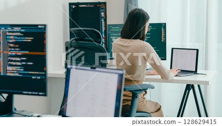 Group Adult Asia male, female freelance typing write prompt AI bot IT app smart program nomad, video game, terminal with coding language, user interface, designer, big data center on desktop computer. 128629415
