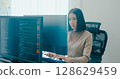 Young adult Asia female freelance typing write prompt AI bot IT app smart program nomad, video game, terminal with coding language, user interface, designer, big data center on desktop computer. 128629459
