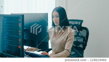 Young adult Asia female freelance typing write prompt AI bot IT app smart program nomad, video game, terminal with coding language, user interface, designer, big data center on desktop computer. Young adult Asia female freelance typing write prompt AI bot IT app smart program nomad, video game, terminal with coding language, user interface, designer, big data center on desktop computer. 128629460