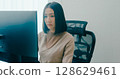 Young adult Asia female freelance typing write prompt AI bot IT app smart program nomad, video game, terminal with coding language, user interface, designer, big data center on desktop computer. 128629461