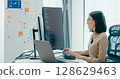 Young adult Asia female freelance eyeglasses typing write prompt AI bot IT app smart program nomad, video game, terminal with coding, user interface, designer, big data center on desktop computer. 128629463
