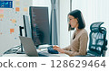 Young adult Asia female freelance eyeglasses typing write prompt AI bot IT app smart program nomad, video game, terminal with coding, user interface, designer, big data center on desktop computer. 128629464