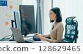 Young adult Asia female freelance eyeglasses typing write prompt AI bot IT app smart program nomad, video game, terminal with coding, user interface, designer, big data center on desktop computer. 128629465