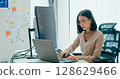 Young adult Asia female freelance eyeglasses typing write prompt AI bot IT app smart program nomad, video game, terminal with coding, user interface, designer, big data center on desktop computer. 128629466