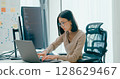 Young adult Asia female freelance eyeglasses typing write prompt AI bot IT app smart program nomad, video game, terminal with coding, user interface, designer, big data center on desktop computer. 128629467